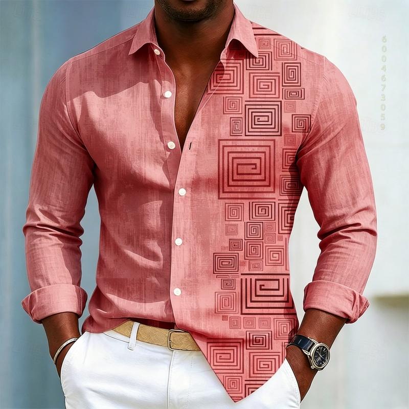 Herrenhemd mit geometrischem Musterdruck, Langarmhemd für Herren, Schwarzes Slim Fit Hemd, Modisches Design, Herrenbekleidung