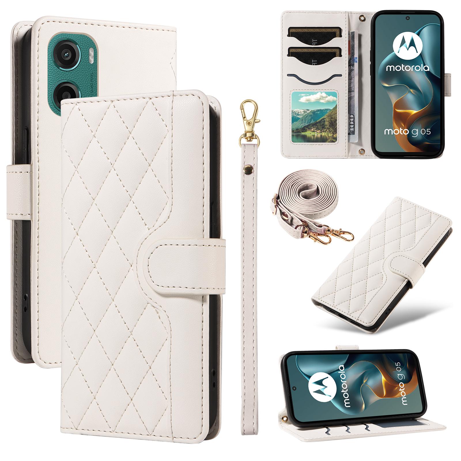 

For Motorola Moto G05 4G Wallet Case Rhombus Leather Phone Cover with Strap White