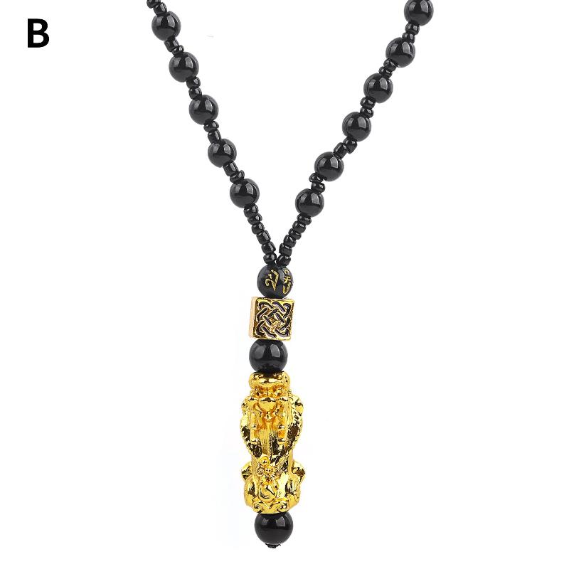 1 Peça Colar Pingente Pixiu para Riqueza Boa Sorte Feng Shui Chinês Fé Colar de Contas de Obsidiana Joia de Moda Unissex