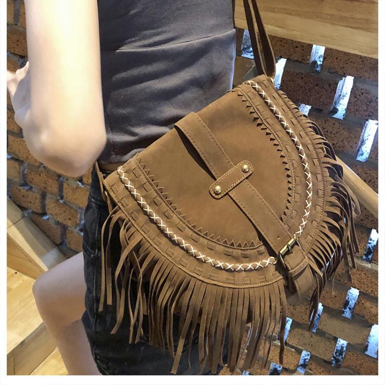 Tassel Bag Brown Retro Western Denim Bag Niche Ethnic Bohemian Messenger Bag Women's Trendy Shoulder Bag