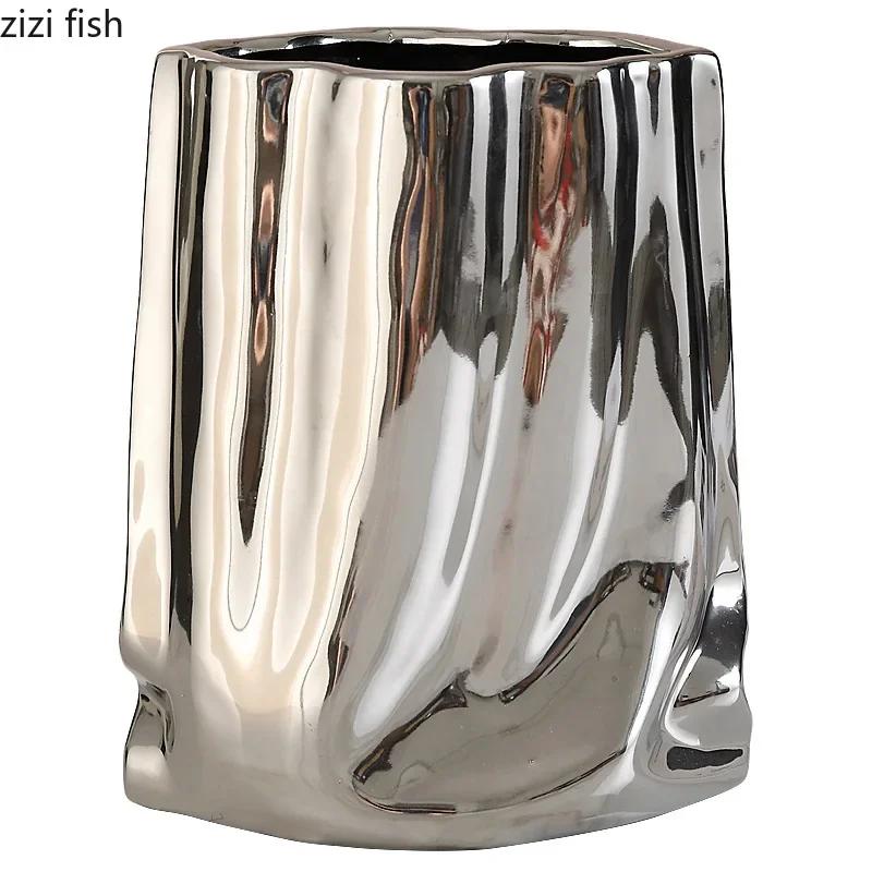 Electroplating Pocket Vase Tabletop Ceramic Flower Ware Creative Flower Arrangement Vase Living Room Aesthetic Decoration