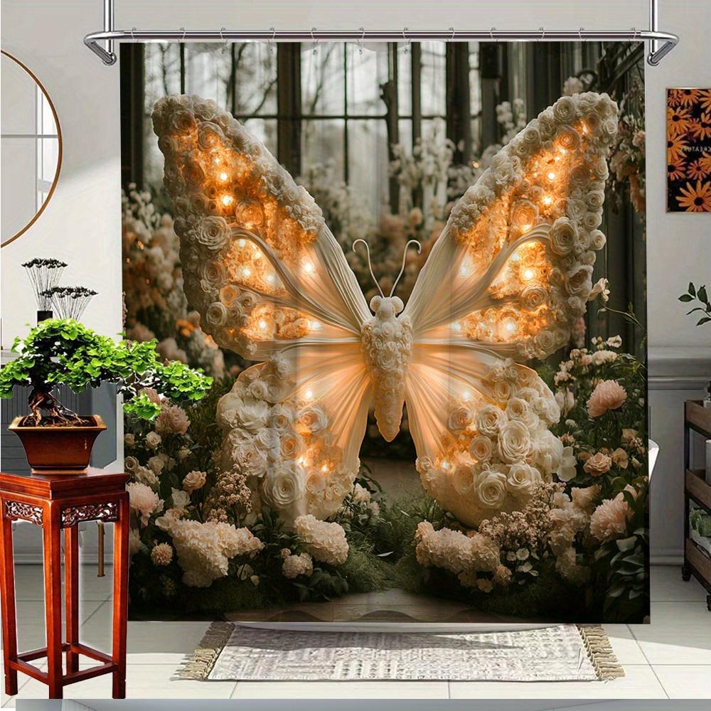 1Pc Butterfly & Floral Shower Curtain With Illuminated Design - Polyester Fabric Bathroom Decor, 70.8X70.8 Inches,