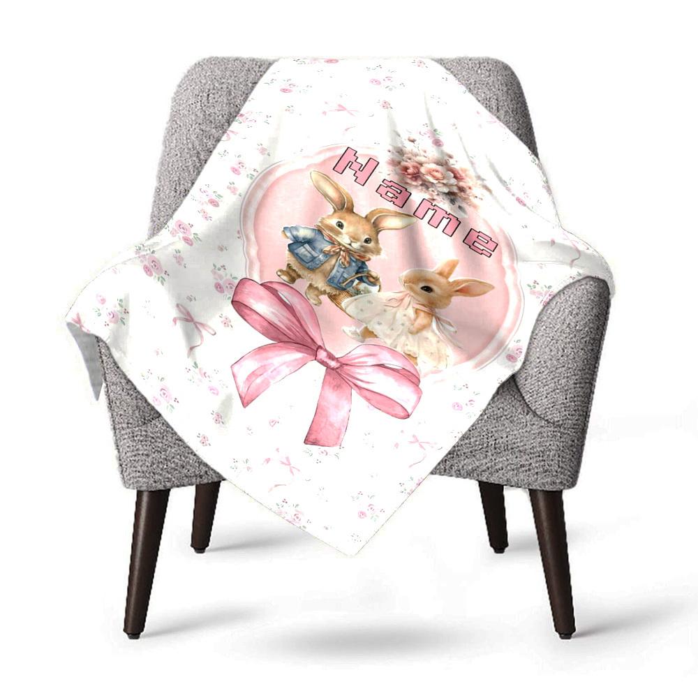 Home Customize Your Name Floral Bunny Couple Pink Bow Blanket Comfortable Soft Lightweight Allseason Multipurpose Blanket For Picnics Sofas Offices