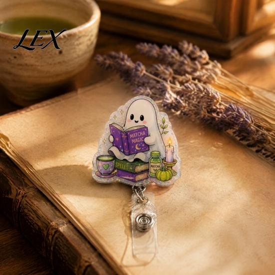 Retractable Badge Holder Halloween Reel, Ghost Black Cat And Pumpkin Design, Acrylic Id Reel 360 Degree Rotating ID for Nurses Office Staff Decor