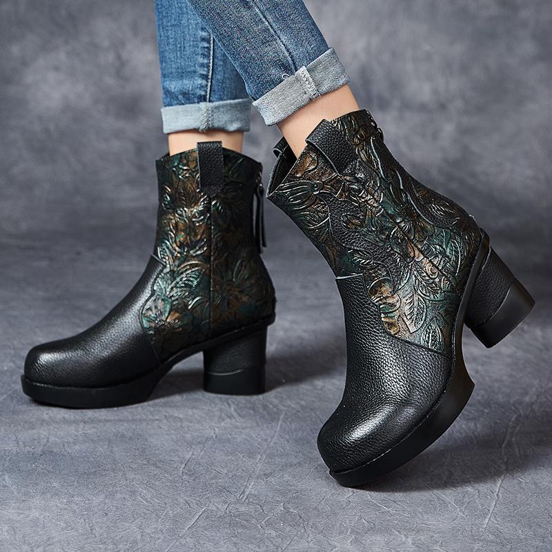 Soft Genuine Leather Mid Calf Boots Winter Autumn High Heels Platform British Booties Woman New Ladies Chunky Motorcycle Boots
