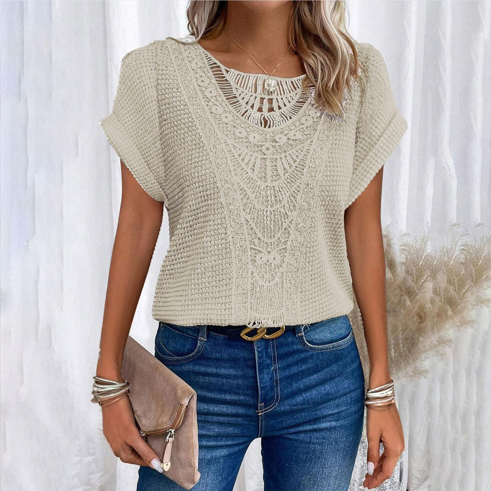 

Женские весенне-летние кружевные футболки с короткими рукавами и топами XL белый