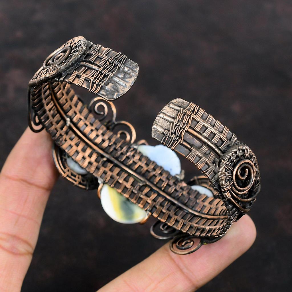 Owyhee Blue Opal Cuff Bracelet Rainbow Moonstone Bangle Copper Wire Wrapped Cuff Bracelet Handmade Adjustable Bangle Gemstone Copper Jewelry