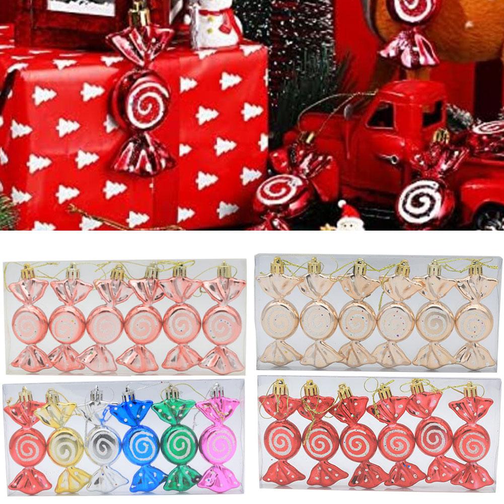 Christmas candy ball ornaments 6PCS plastic with glitter finish for decorative hanging on trees at holiday parties