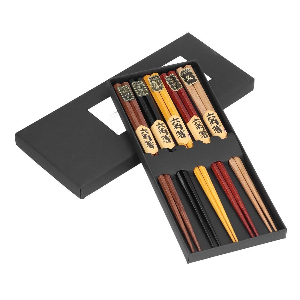 5Pair Hexagonal Shape Food Chopsticks Wood Material Tableware Chopsticks Restaurant Use