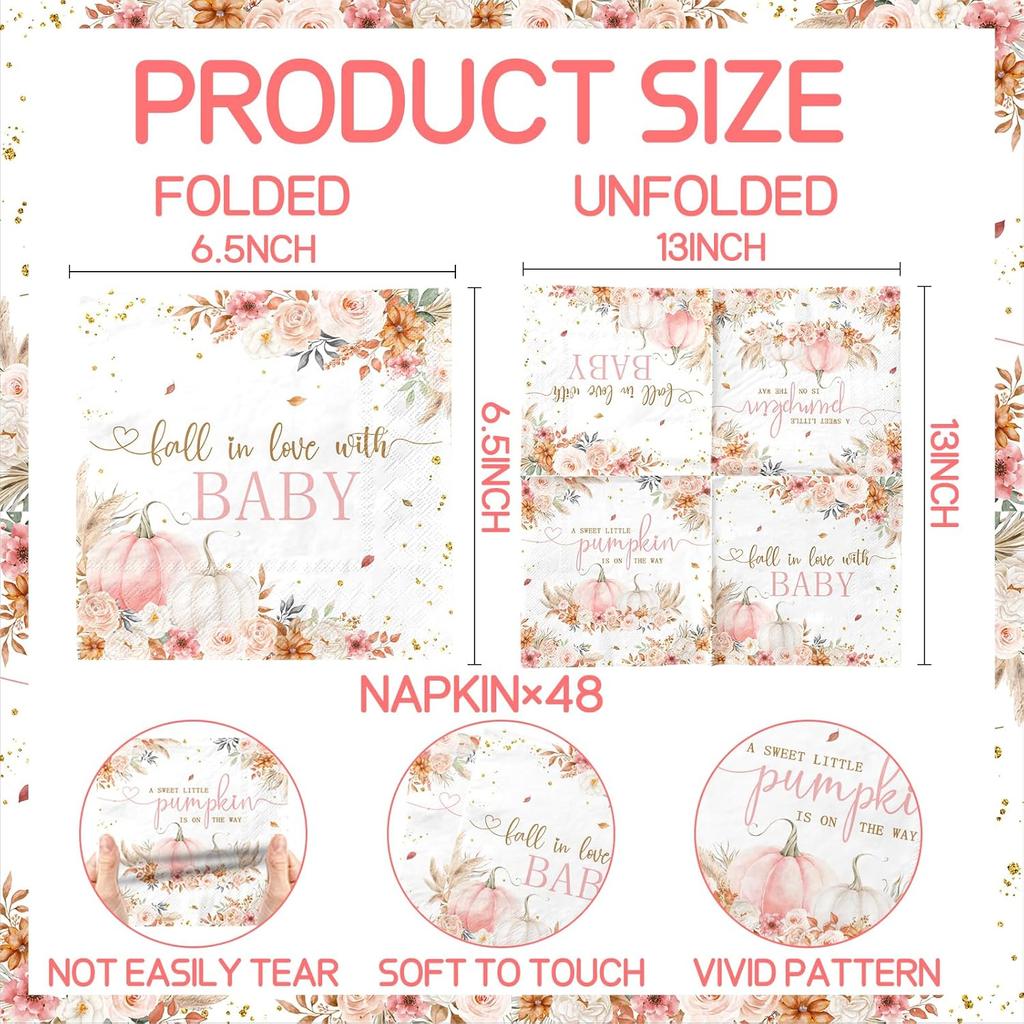 48Pcs Pink A Sweet Little Pumpkin is On The Way Napkins for Girls, Boho Little Pumpkin Baby Shower Decorations Fall Baby Shower Napkins Paper for
