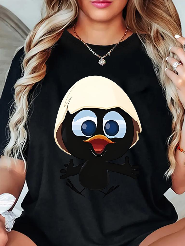 European Sizes Women's Cute Duckling Eggshell Print T-Shirt - Soft Breathable Round Neck Casual, All-Season Fit for Everyday Outfits & Exercise