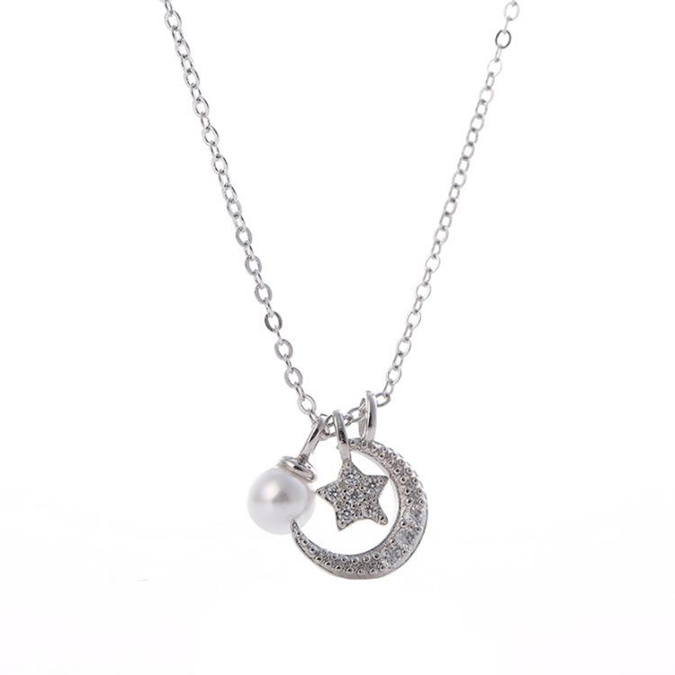 Sweet Diamond-Encrusted Star And Moon Pearl Pendant Necklace Feminine Simple Temperament Wind Collarbone Chain Jewelry For Girlfriend