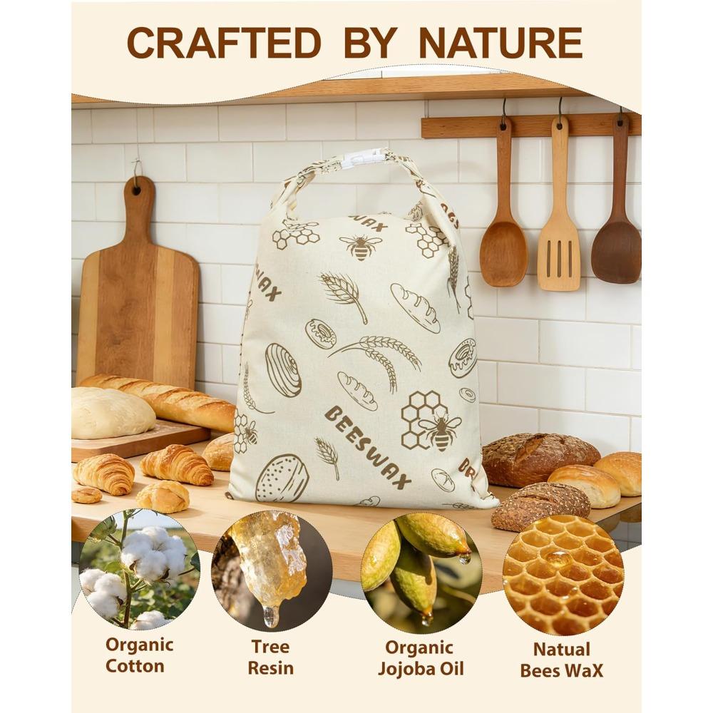 Sacos reutilizáveis de cera de abelha para pão caseiro e fermento natural - Pacote com 2; Sacos de armazenamento de pão de algodão orgânico e linho de 17 polegadas x 13 polegadas