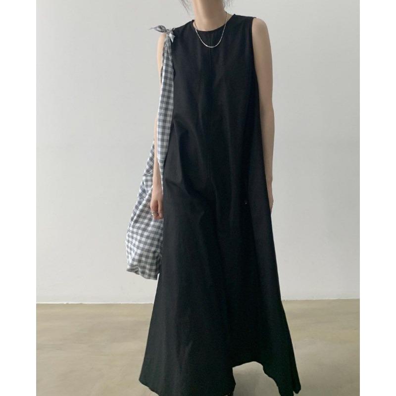 Women Summer Vintage Cotton and Linen Long Tank Dress Sleeveless Loose Waist Large Hem Round Collar Midi Sundress