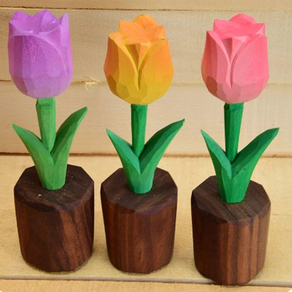 

Desktop Ornament Woodcarving Tulip Ornament Handmade Crafts Flower Miniature Home Decoration жовтий