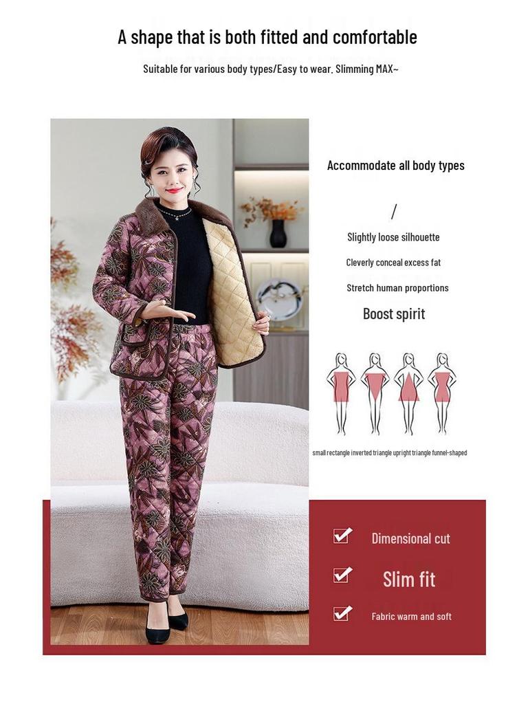 Chic Winter Cotton Outfit: Velvet-Lined Jacket & Pants Set for Middle-Aged and Elderly Women