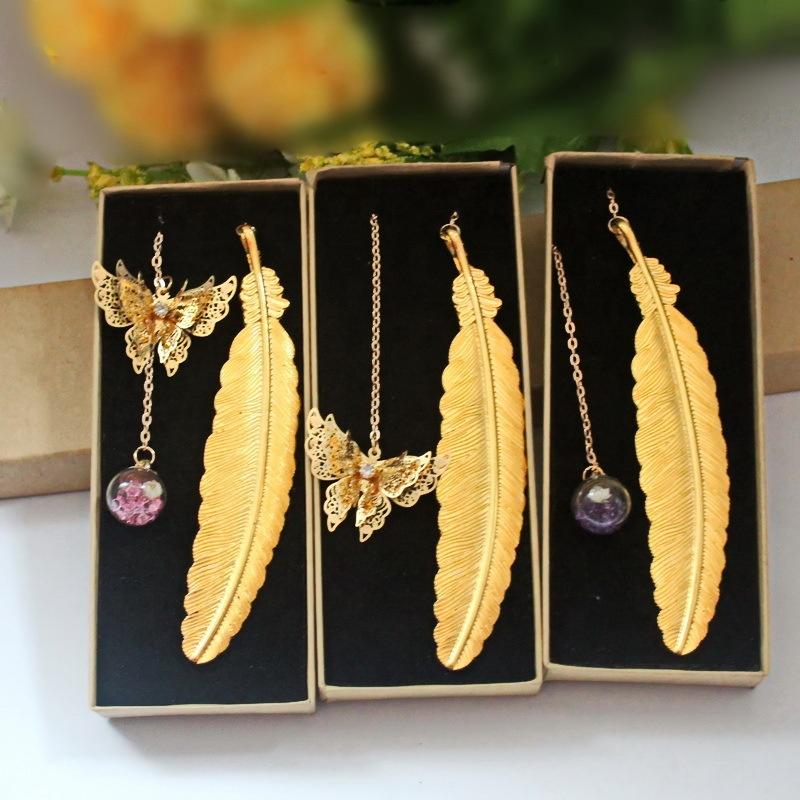 Custom Gold Plated Chinese Style Bookmark Classical Leaf Vein Feather Bookmarks