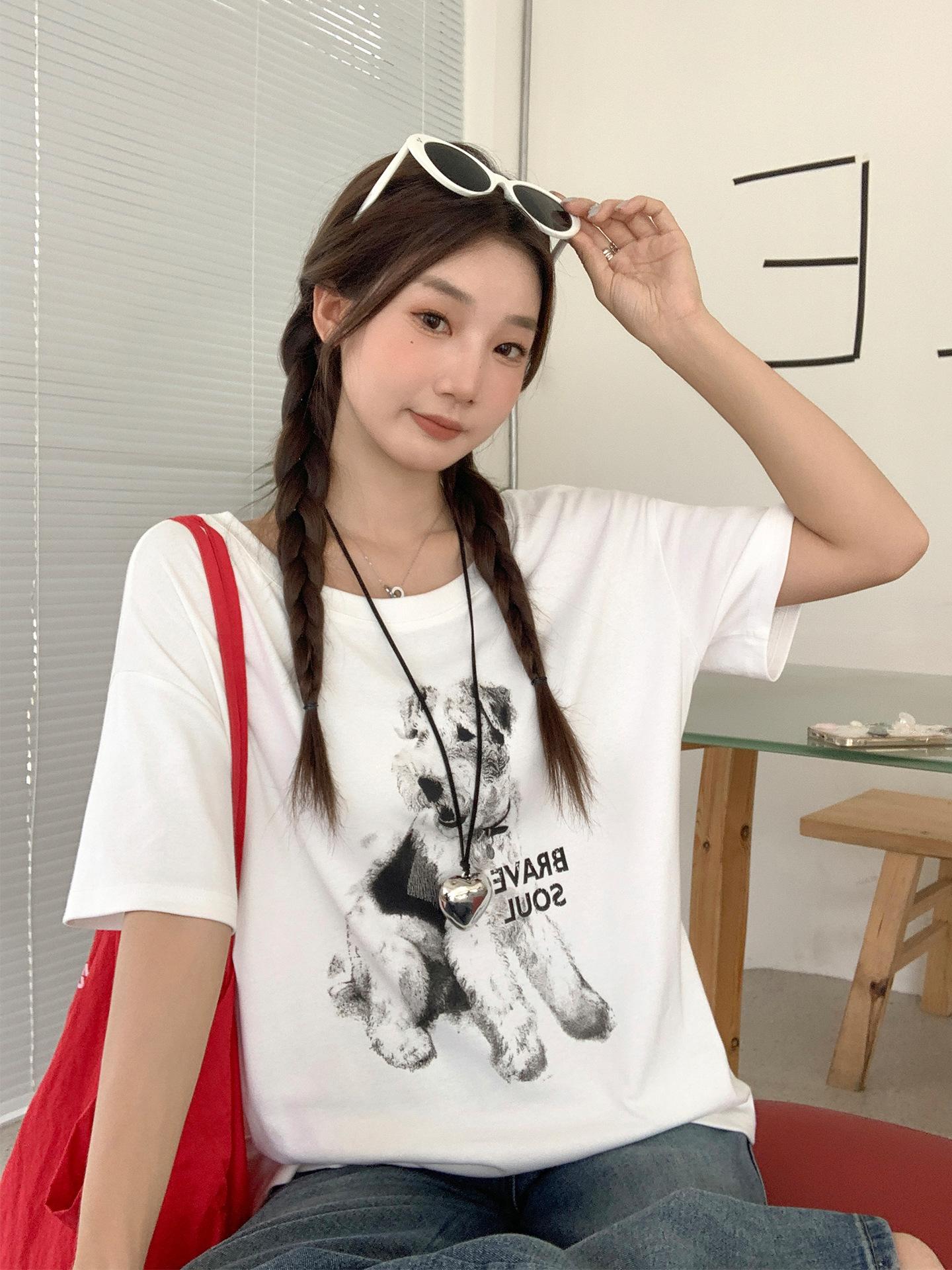 

Korean version of the new cute puppy print design sense slim and thin short-sleeved t-shirt women s super good-looking top S белый