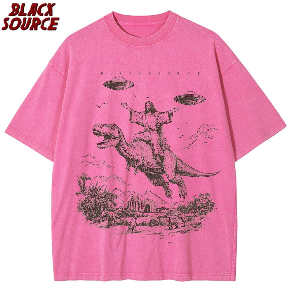 

T075 Cartoon Dinosaur Print Fashion T-Shirt Women s Unisex Wash Distressed Vintage Tee Student Fashion Top 3XL