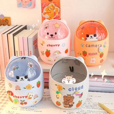Ins Style Cute Creative Home Desktop with Lid Trash Can Small Mini Kawaii Bedroom Desk Storage Box Pen Holder Give A Sticker