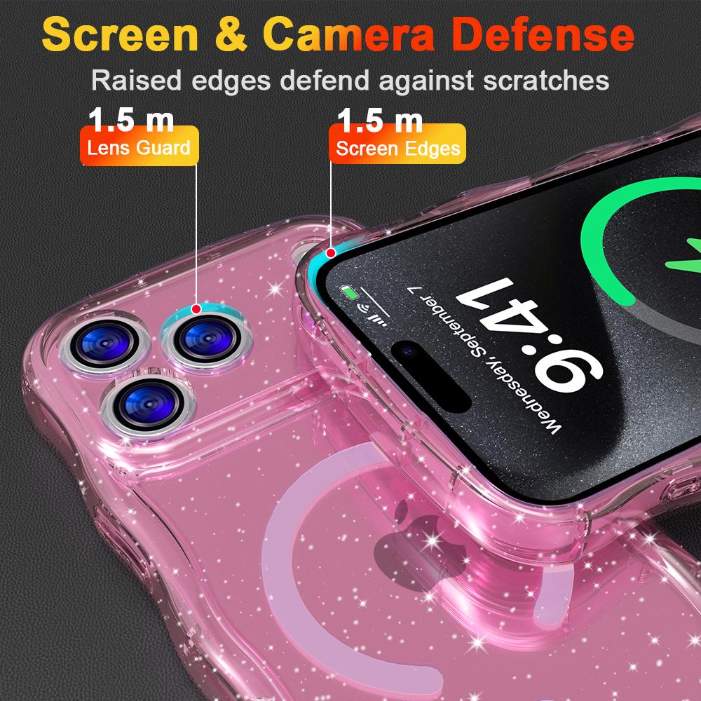 Custodia Magnetica Trasparente con Glitter Bling per iPhone 17 16 15 Pro Max Plus Antiurto Protettiva Morbida Sottile Ondulata per Copri Telefono Magsafe