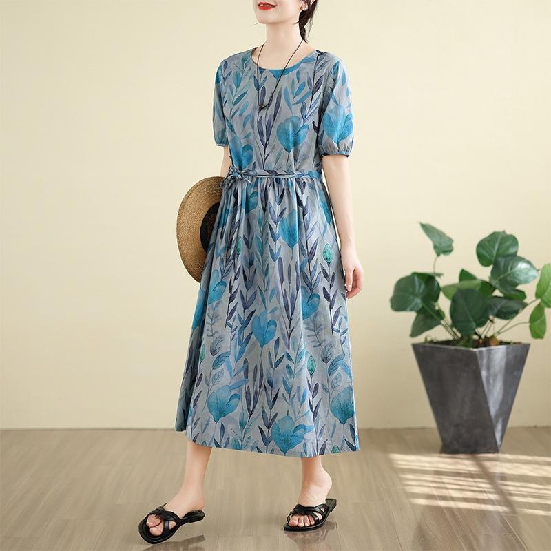 

Летнее новое платье 2025 года с принтом Мори, круглым вырезом, короткими рукавами, из хлопка и льна, женское ретро-платье миди и макси с кружевной шнуровкой на талии 2XL синий