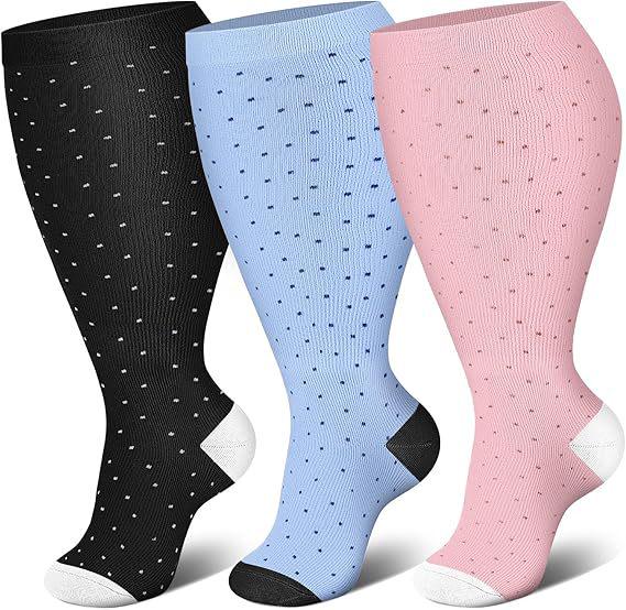 Three-Pair Pack Plus Size Knee-High Compression Socks for Wide Calf - Extra Large Support & Circulation Pressure Socks