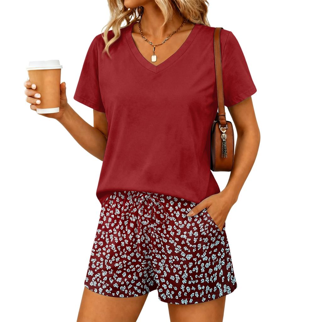 Women Two Piece Set V Neck Short Sleeve Top and Floral Print Drawstring Waist Shorts Casual Lounge Wear
