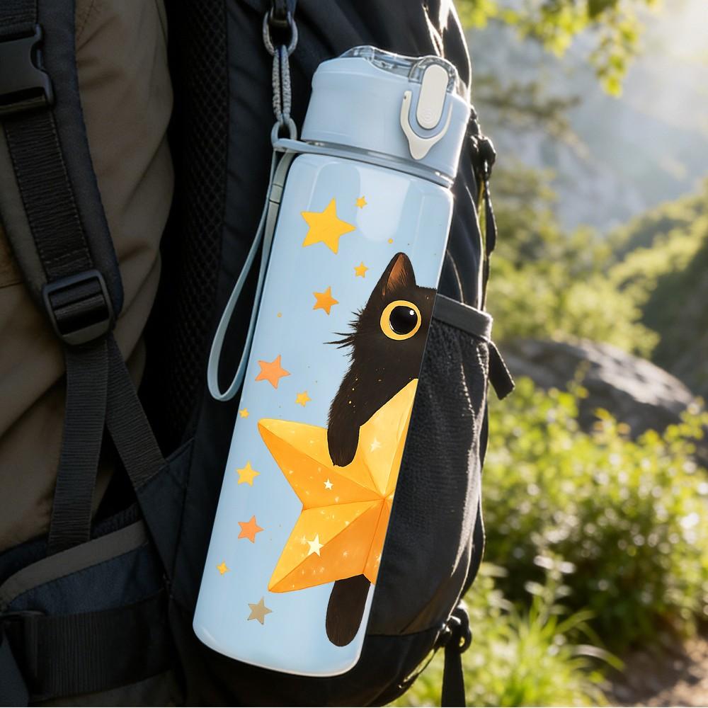 1PC Starry Black Cat Cartoon 750ml Color Plastic Sports Water Bottle Leakproof Flip Straw Lid Suitable for Sports Office Home Use