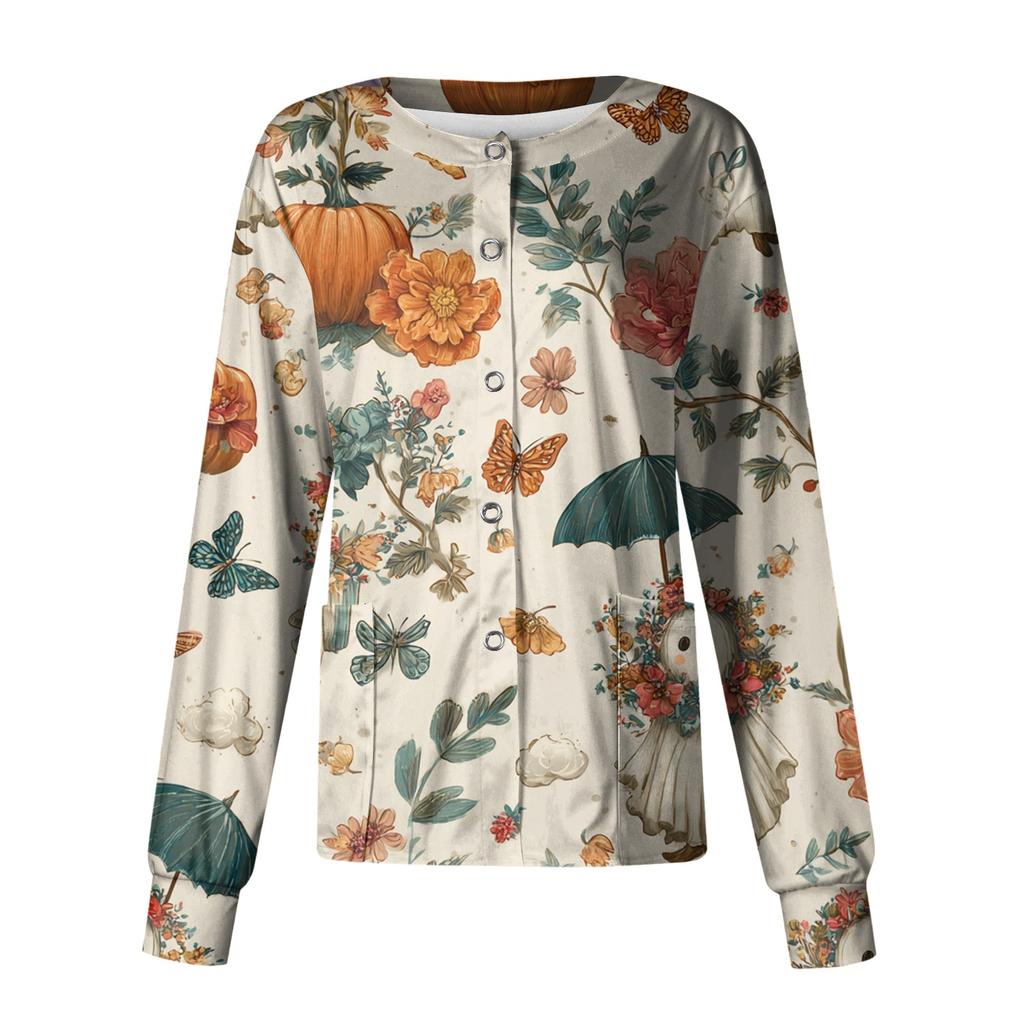 Women's Casual Long Sleeve Single-Breasted Halloween Print Cardigan Top for Fall