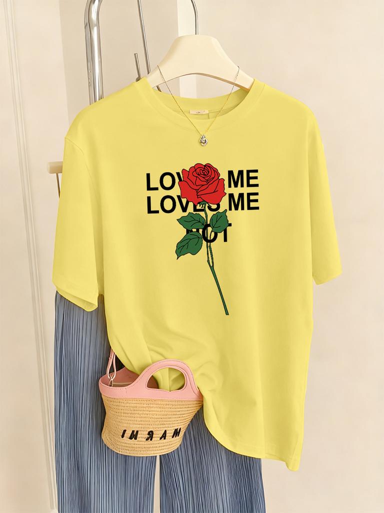 Loved Me Rose Flower Printed TShirts Women Casual ONeck Short Sleeve Tops Comfortable Loose T Shirt Summer Soft Womans Clothes