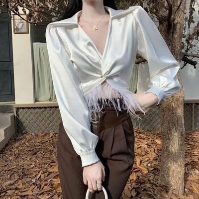 Άνοιξη Κομψά Στυλάτα Μακρυμάνικα Μπλουζάκια Και Μπλούζες Σατέν με Λαιμόκοψη V Φτερό Στενά Κοντά Τοπ 2023 Μόδα Σέξι Μεταξωτές Μπλούζες 26560