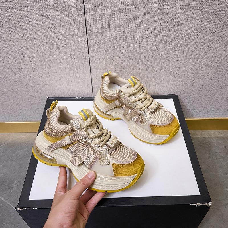 Hug bear leather platform dad shoes women's autumn new mesh rhinestone casual shoes women's sports jogging shoes