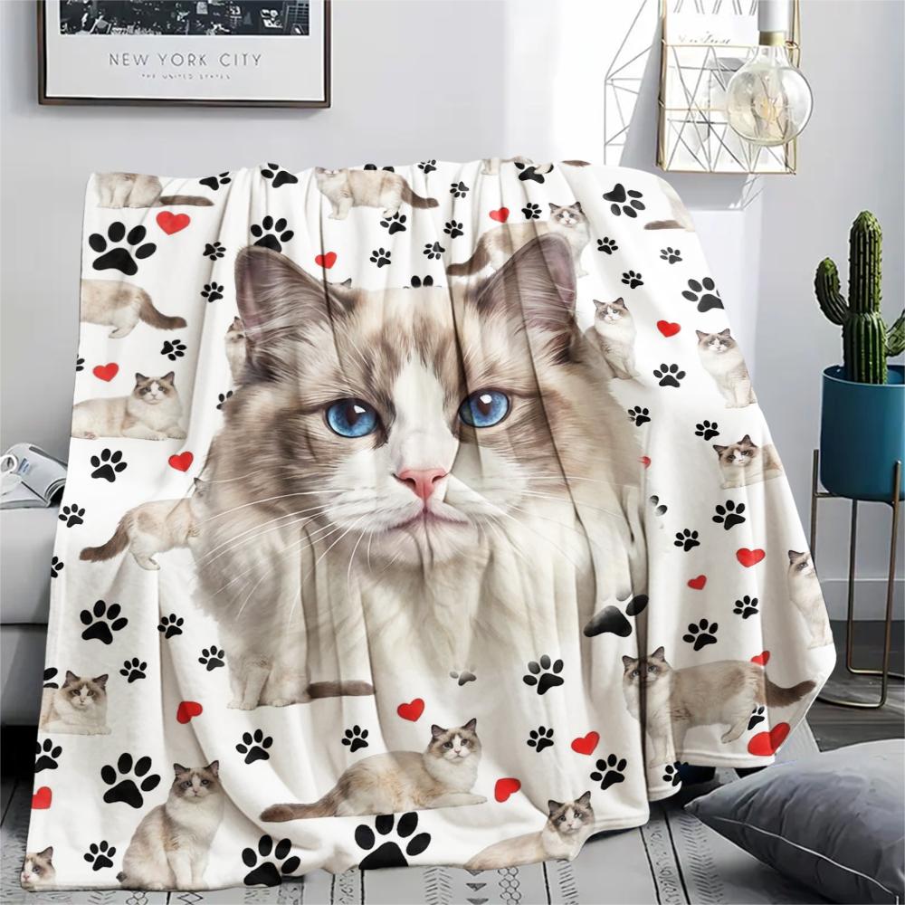 1PC Cute Cats Rabbits Print Flannel Blanket, High Quality All Seasons, Home Decor, Warmth and Comfort, Perfect for Christmas Gifts