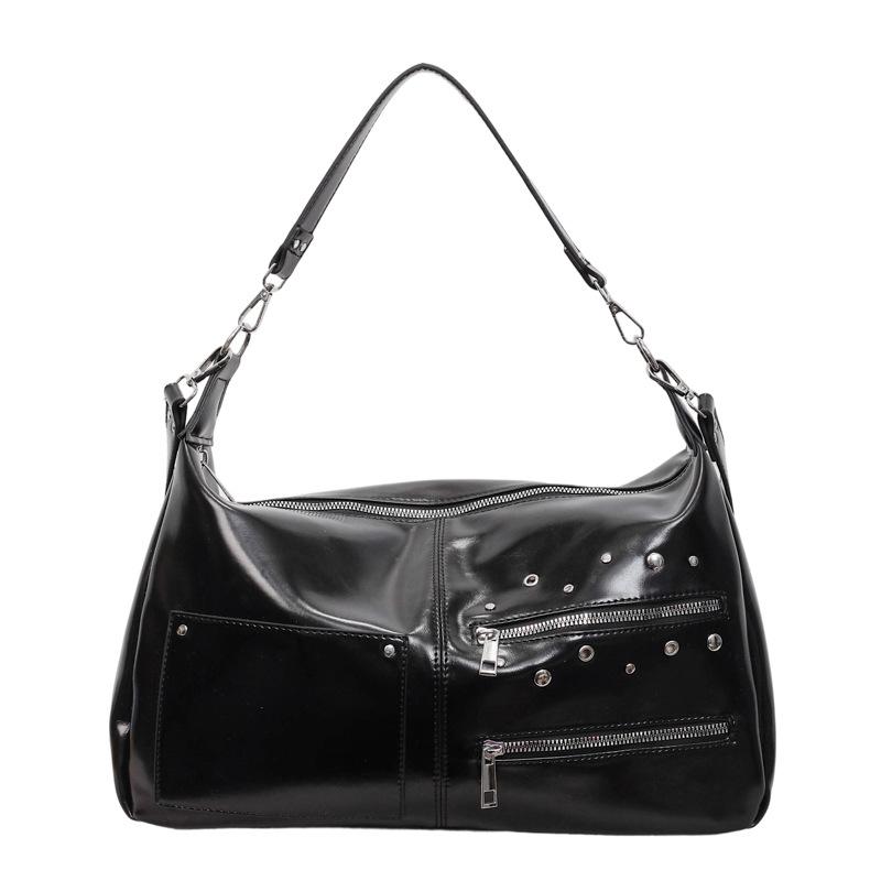 Glossy Faux Leather Shoulder Bag with Multiple Zipper Pockets Women's Fashion Handbag Large Capacity