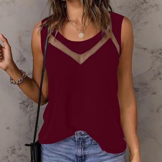 Women Vest Soft Breathable Fabric Sleeveless V-Neck Tops Loose Fit Pure Color Mesh Splicing Casual Tops Summer Work Party Wear
