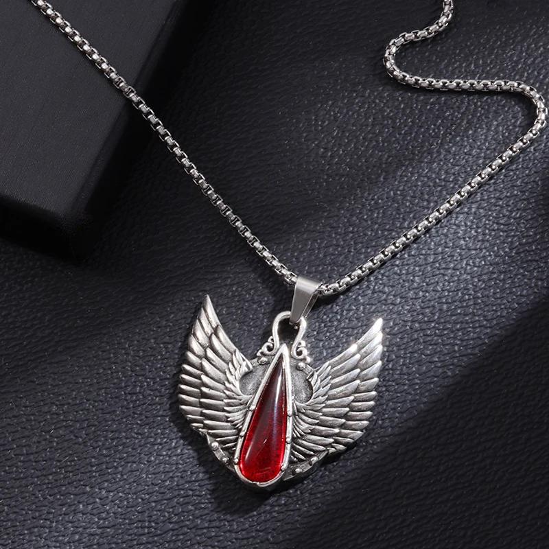 Vintage Celtic Angel Wings Synthetic Ruby Pendant Stainless Steel Necklace for Men Women Fashion Party Punk Jewelry