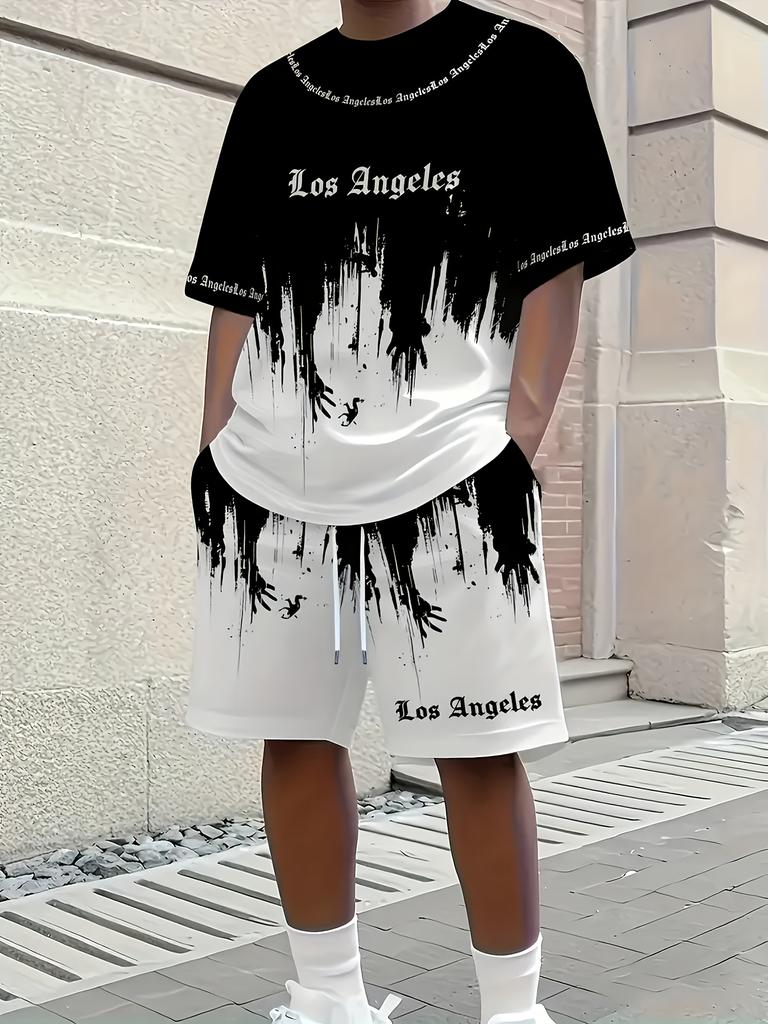 Men 2Pcs Los Angeles Letter Print T-shirt Shorts Set Summer Casual Outfit