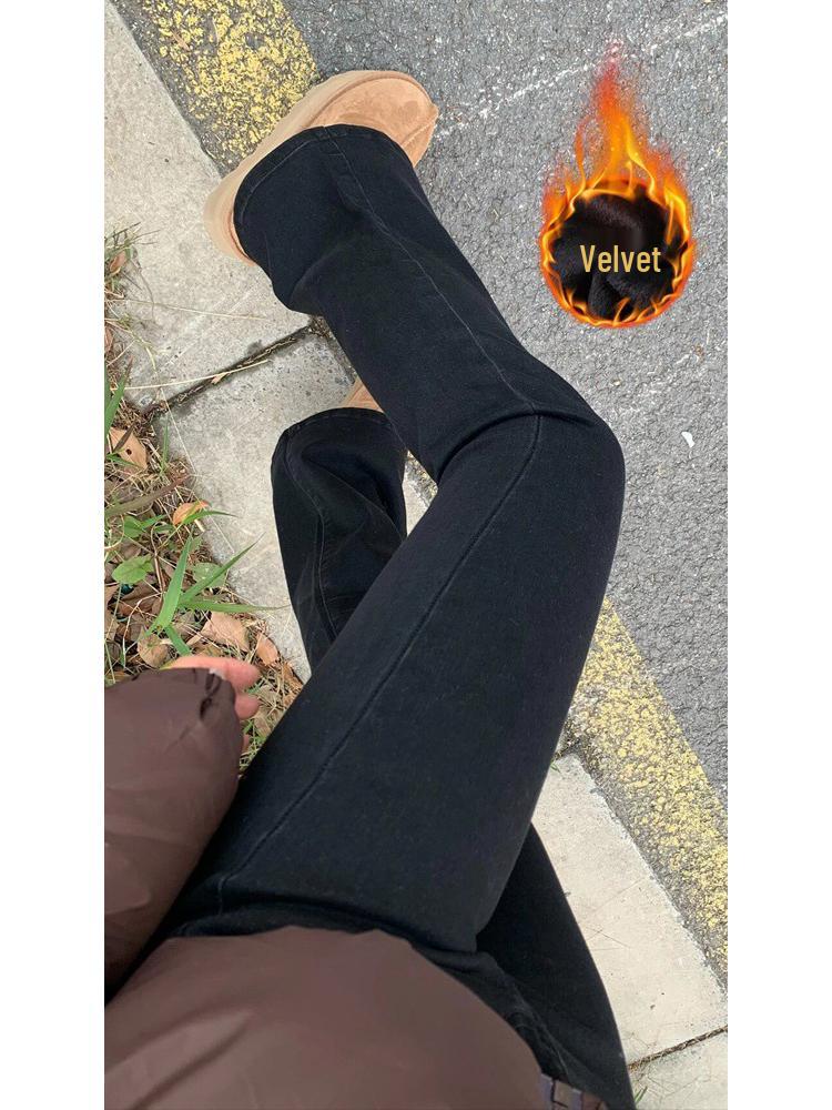 

Women s Black High-Waist Velvet Flare Jeans - Petite, Floor-Length, Slimming, Autumn/Winter 2025 Trend L [106-117 lbs]