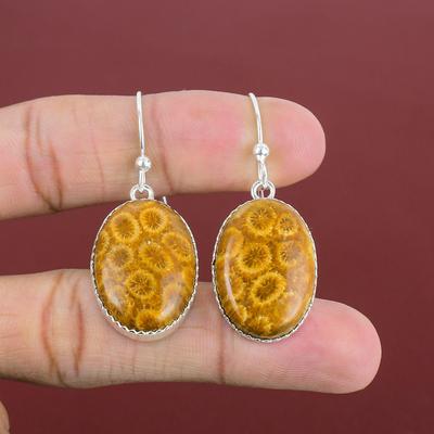 Fossile Koralle Ohrringe 925 Sterling Silber Ohrringe Eleganter Schmuck Echter Edelstein Ohrring Fossile Koralle Schmuck Handgemacht Ohrringe Hochzeitsgeschenk