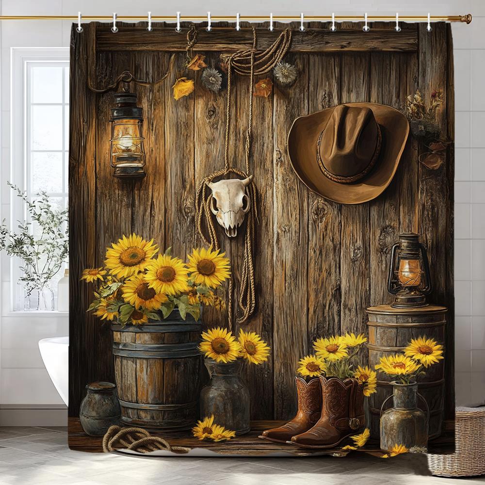 Flower Scenery Of Rural Farmhouse Shower Curtain, Bathroom Decorative Shower Curtain, Home Decorative Curtain With Hooks