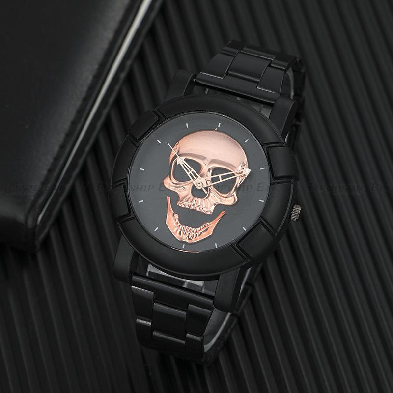 Men's Quartz Watch, Black and Gold Dial, 3D Skull Head Pattern, Stainless Steel, Steampunk Rock Engraved, Men's Watch