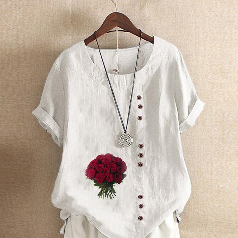 Women's Fashion Rose Prined Round Neck Short Sleeve T-shirt Casual Cotton Linen Graphic Shirt Leisure Loose Summer Blouse Tops