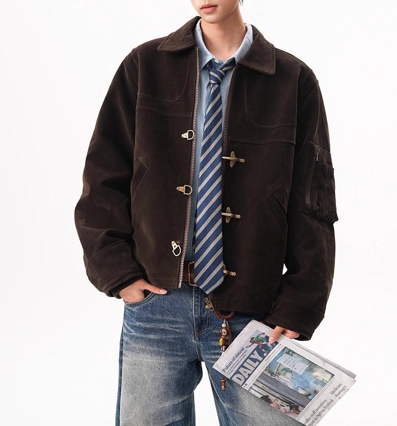Men's Vintage Distressed Faux Suede Jacket with Airplane Buckle - Retro Autumn Style