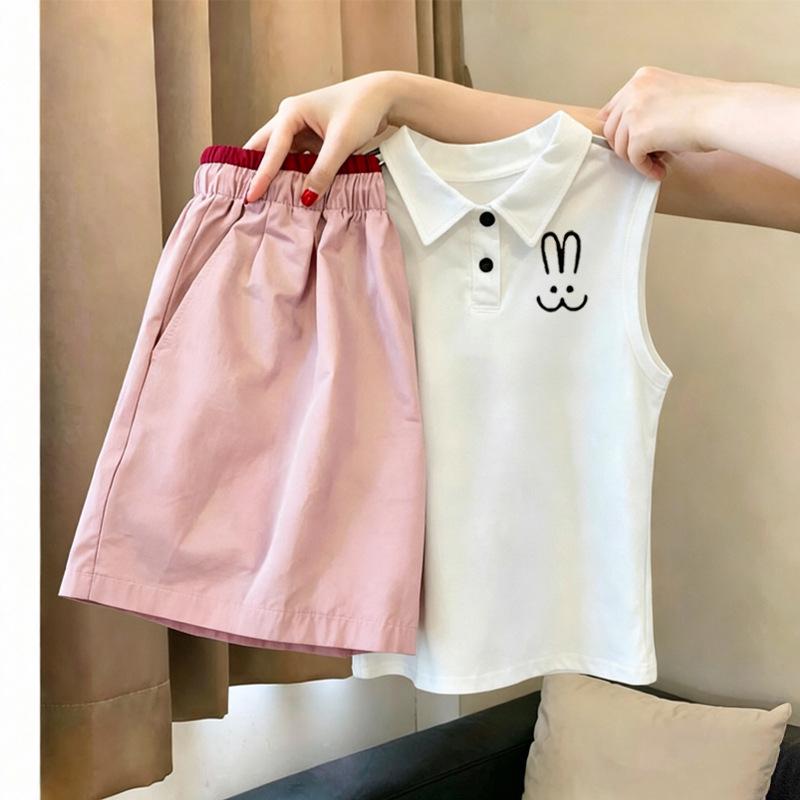 Korean Style Girls' Casual Sleeveless Polo Vest Set - Summer 2026 New Arrivals for Medium & Large Children
