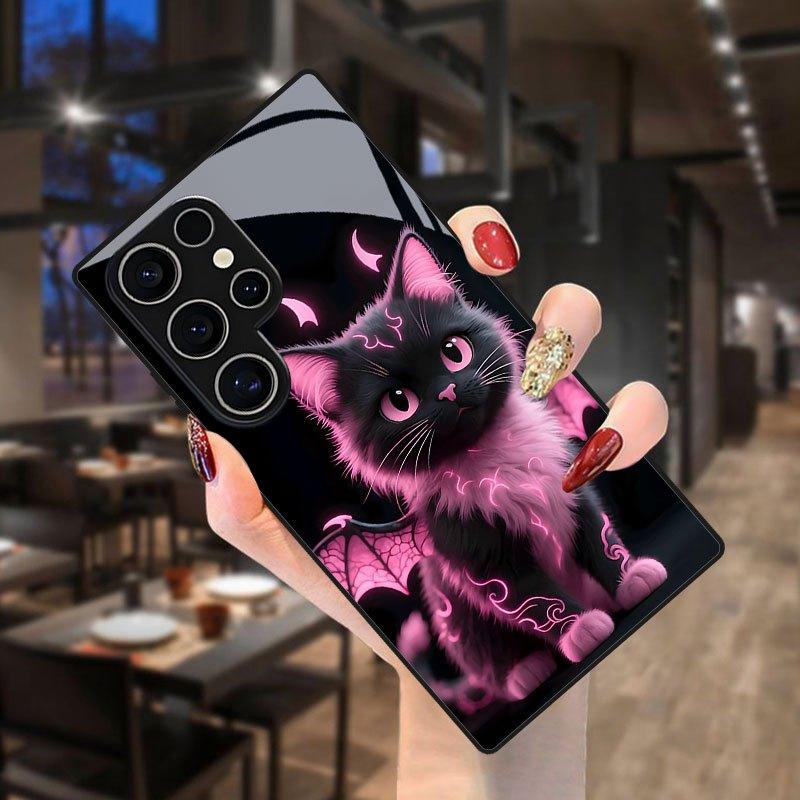 Cute Devil Cat Pattern Glass Phone Case Suitable for Samsung GalaxyS26 S25 S24 S22 S21 S20FE/Ultra/Plus Dustproof and Shockproof