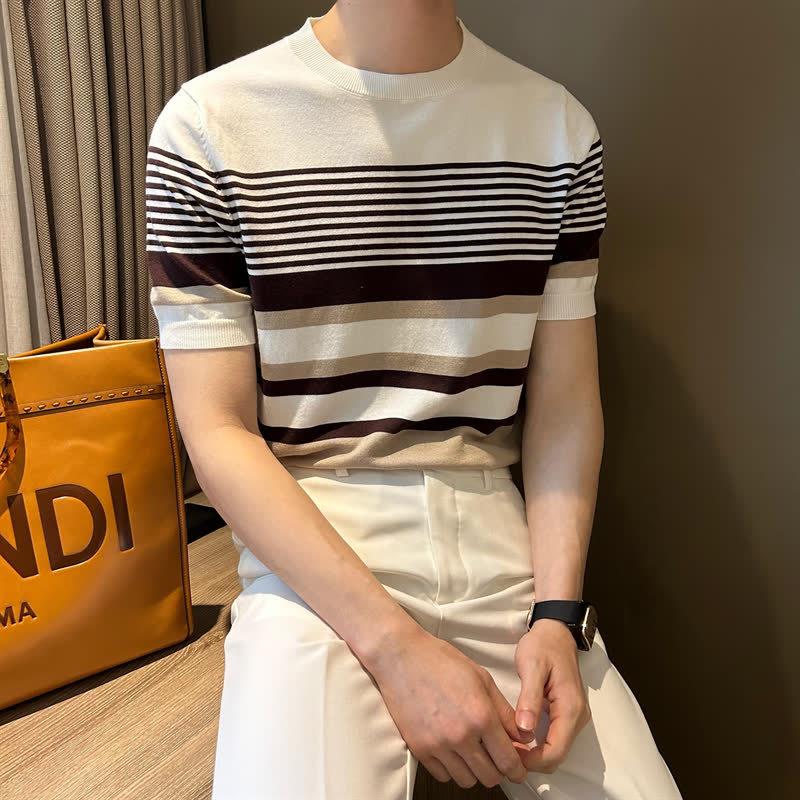 

2025 Trendy Men s Striped Knit T-Shirt - Youthful Round Neck Summer Style Large кавовий