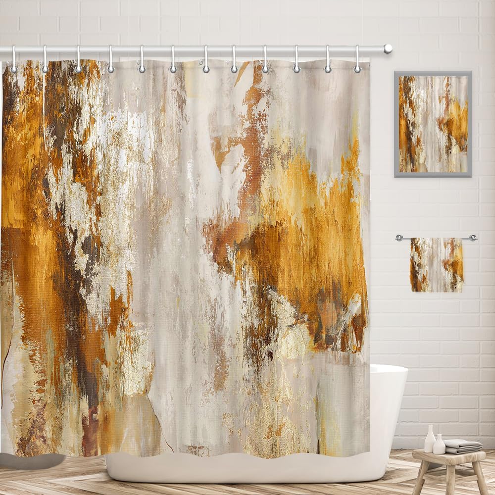 Abstract Blue Shower Curtain for Bathroom, Beige and Gold Yellow Shower Curtains, Modern Painting Farmhouse Aesthetic Polyester