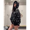 High Street American Cross Print Hooded Cardigan Jacket Autumn Vintage Heavy Loose Trend Sweater Top