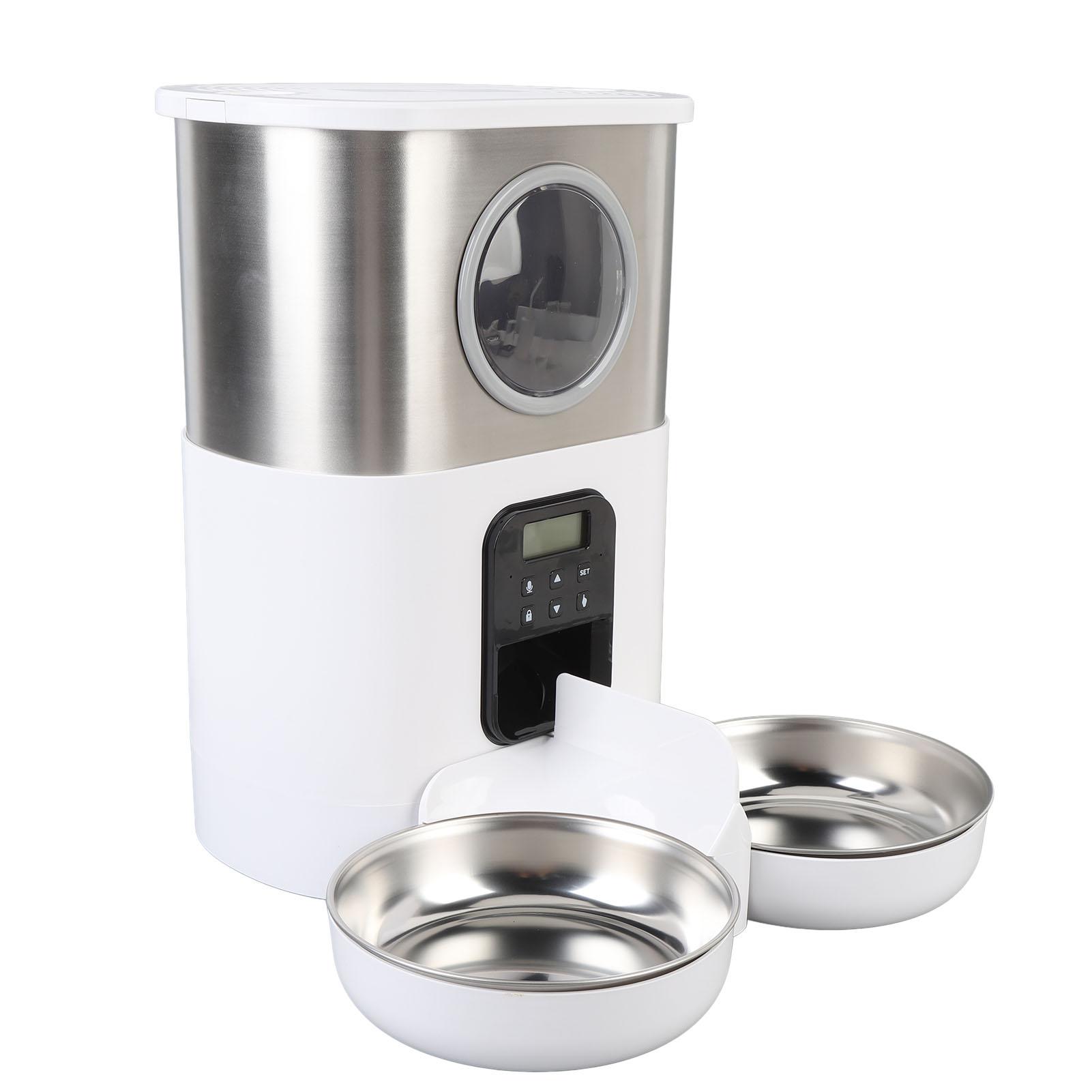 

Автоматические кормушки для кошек на двух животных, объем 5 л, прозрачное окно, количественная подача, нержавеющая сталь, 2 миски, дозатор корма для животных с таймером